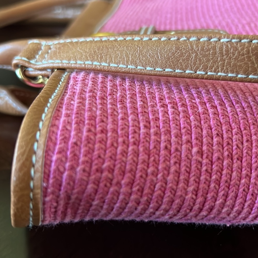 Pink Woven Straw Crossbody Bag Brown Trim Cotton Paper Tote - Picture 17 of 17